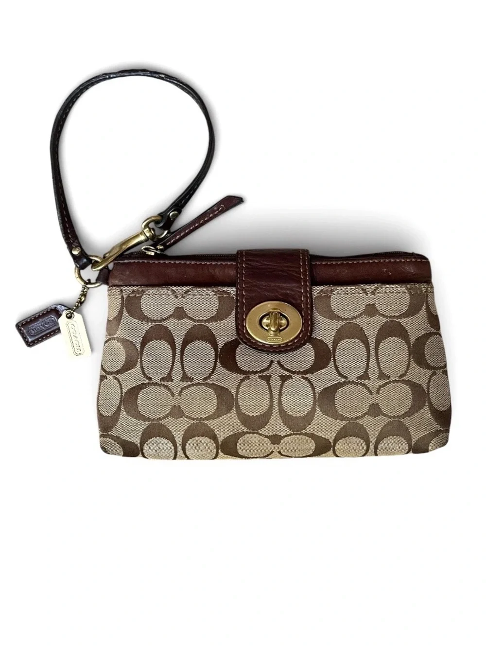 Vintage Coach Signature Brown/Tan Canvas and Leather Turnlock Pouchette Wristlet
